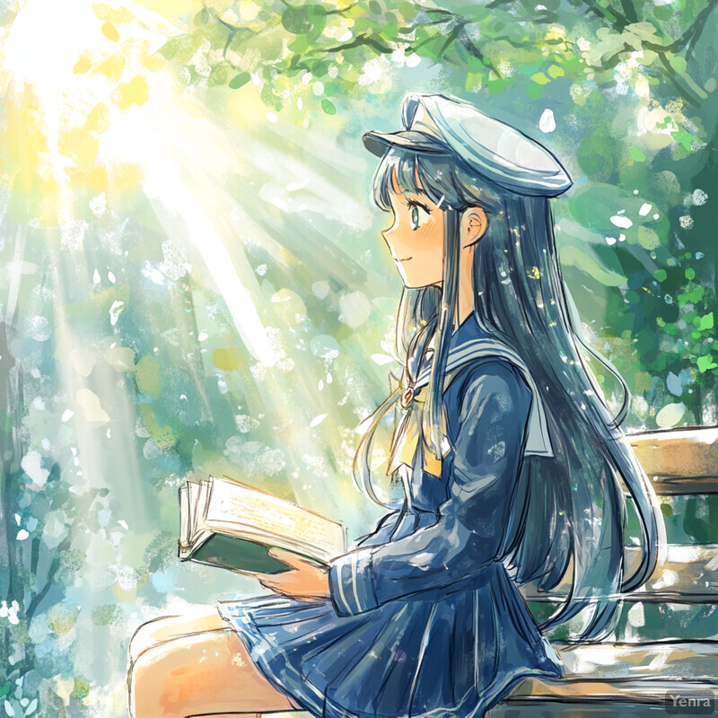 Anime girl sitting on a bench reading a book.