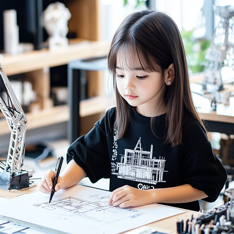 A young girl draws a building with precision and attention to detail, surrounded by various materials and tools.