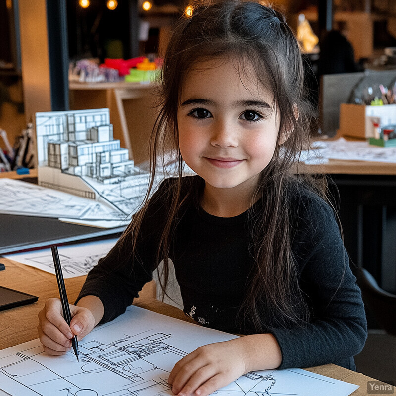 A young girl is engaged in creative activity, drawing a detailed blueprint or architectural design on paper.