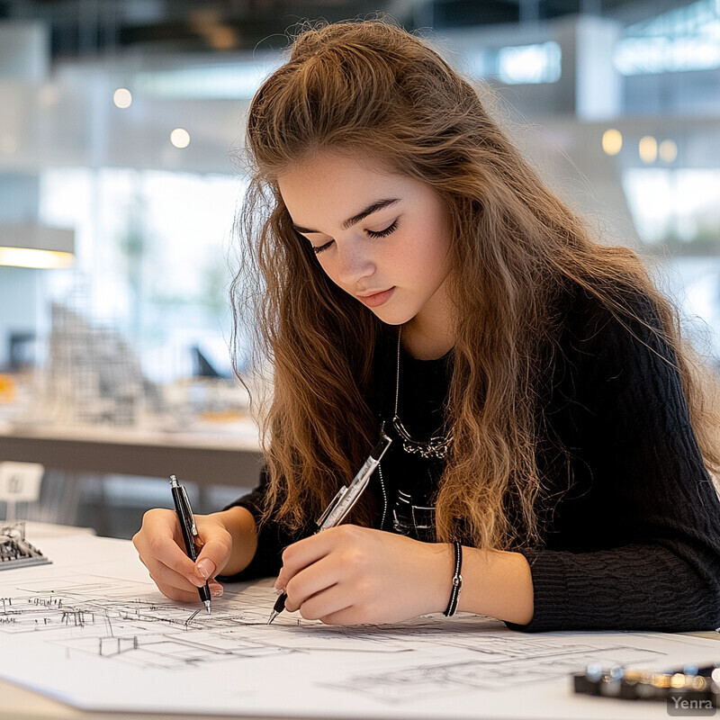 A young woman works intently at an office desk, surrounded by drafting tools and papers.