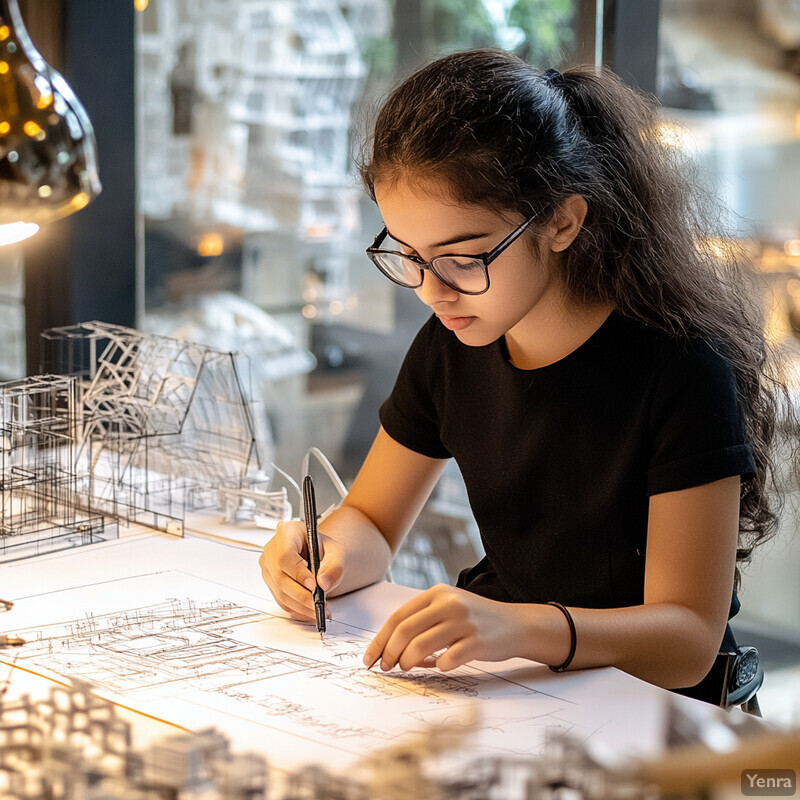 A young girl creates architectural drawings at a table covered in white paper.