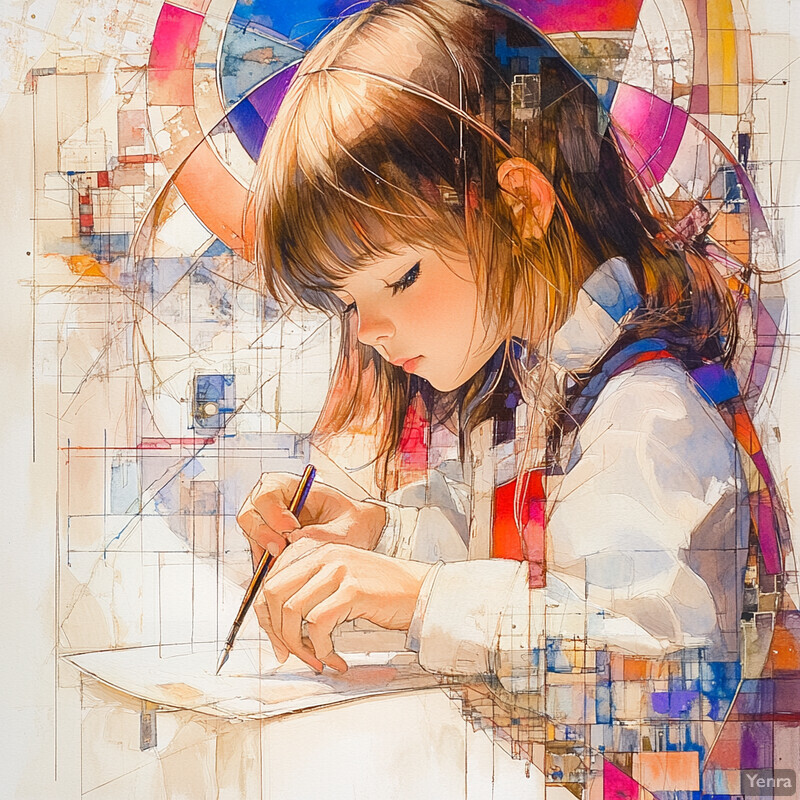 A young girl with long brown hair is focused on drawing or painting at a desk.