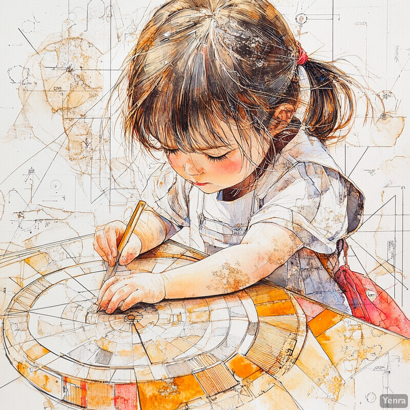 A young girl draws geometric shapes on paper