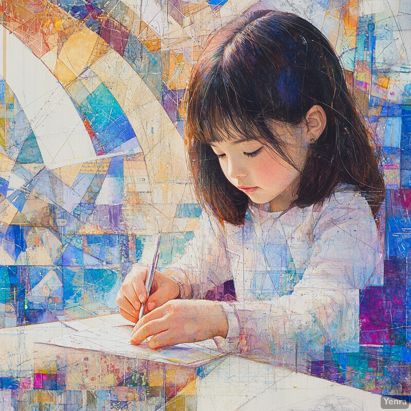 A young girl sits at a desk, focused on her work with a pen and paper.