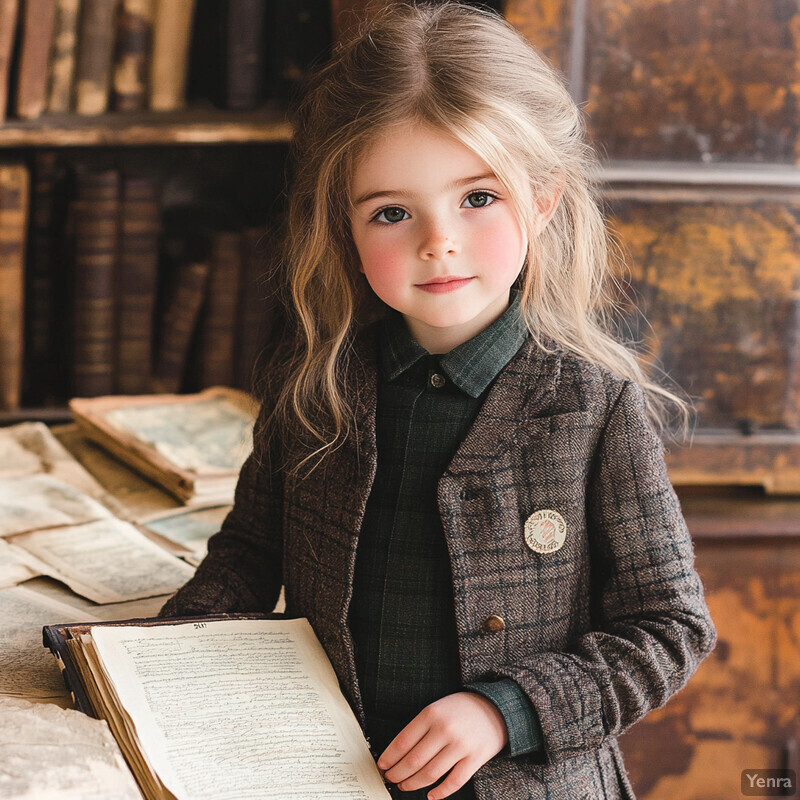 A young girl stands in front of an old bookshelf, surrounded by books and papers, holding an open ancient-looking book.