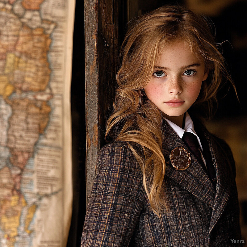 A young girl with blue eyes and blonde hair stands in front of a wooden doorframe, wearing a brown plaid jacket and white collared shirt.