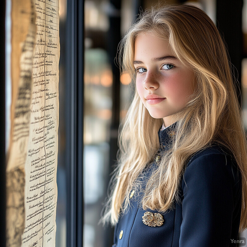 A young girl stands beside an ancient scroll, with a blurred background and a hint of light reflections.