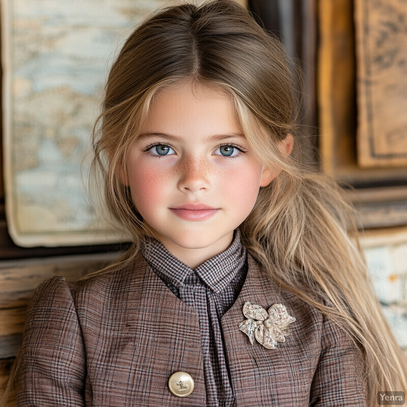 A young girl with long blonde hair and blue eyes wearing a brown plaid jacket.