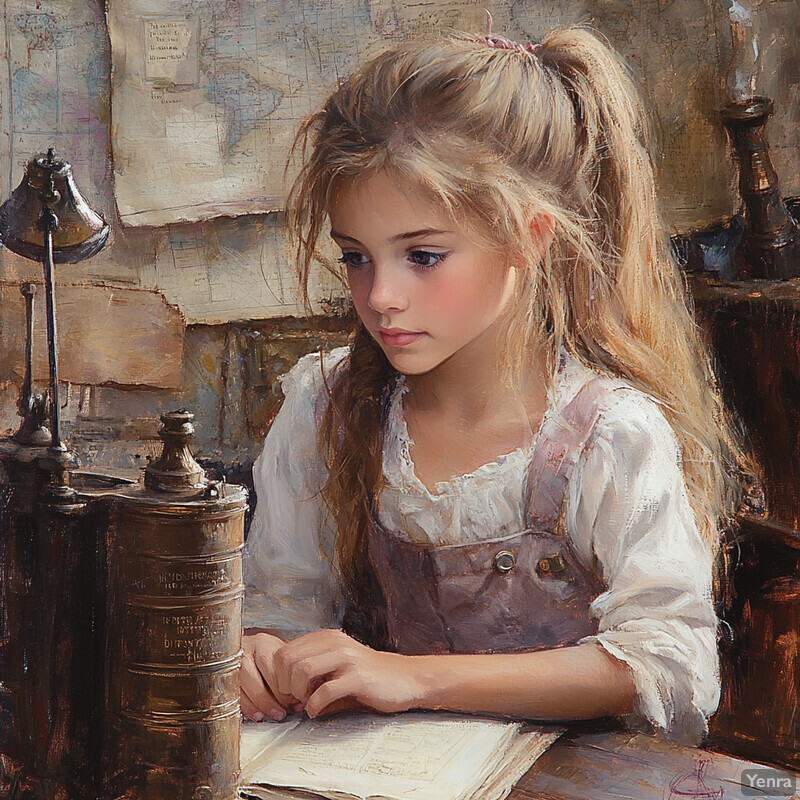 A young girl sits at a desk reading a book