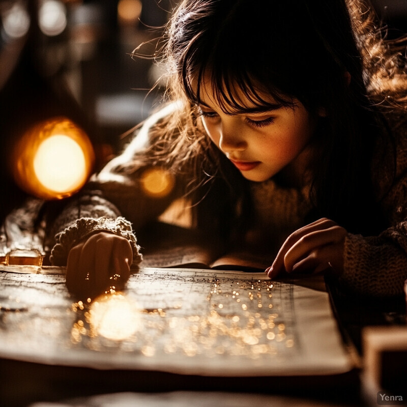 A young girl studies a hand-drawn or printed map by candlelight