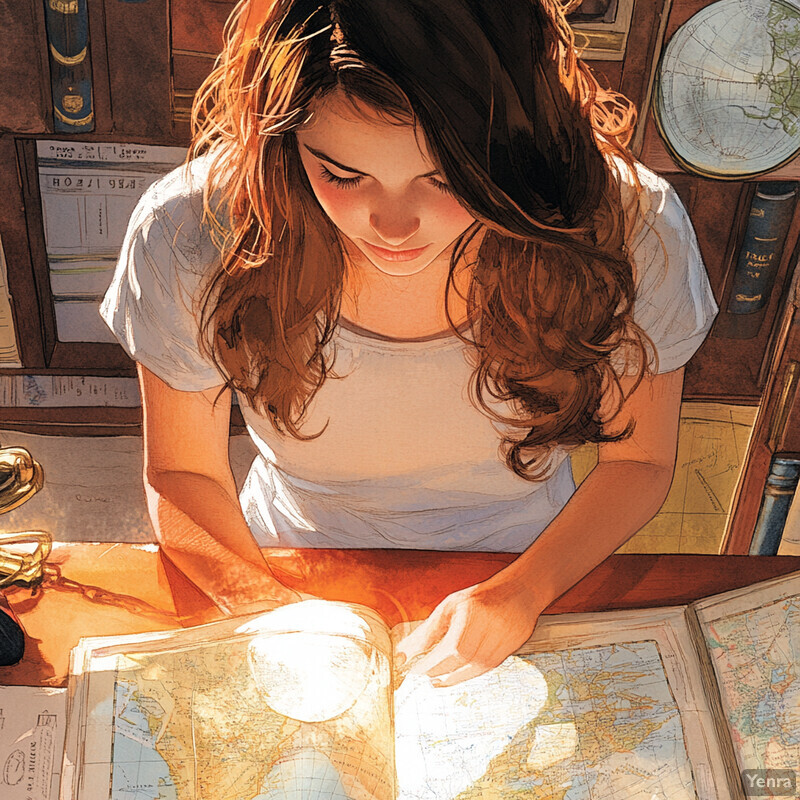 A woman studies a map or chart at her desk