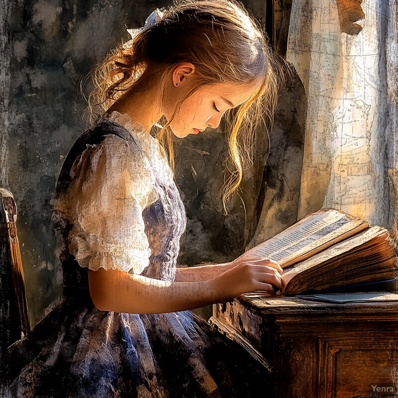 A young girl with blonde hair and a white dress reads an old book at a wooden desk.