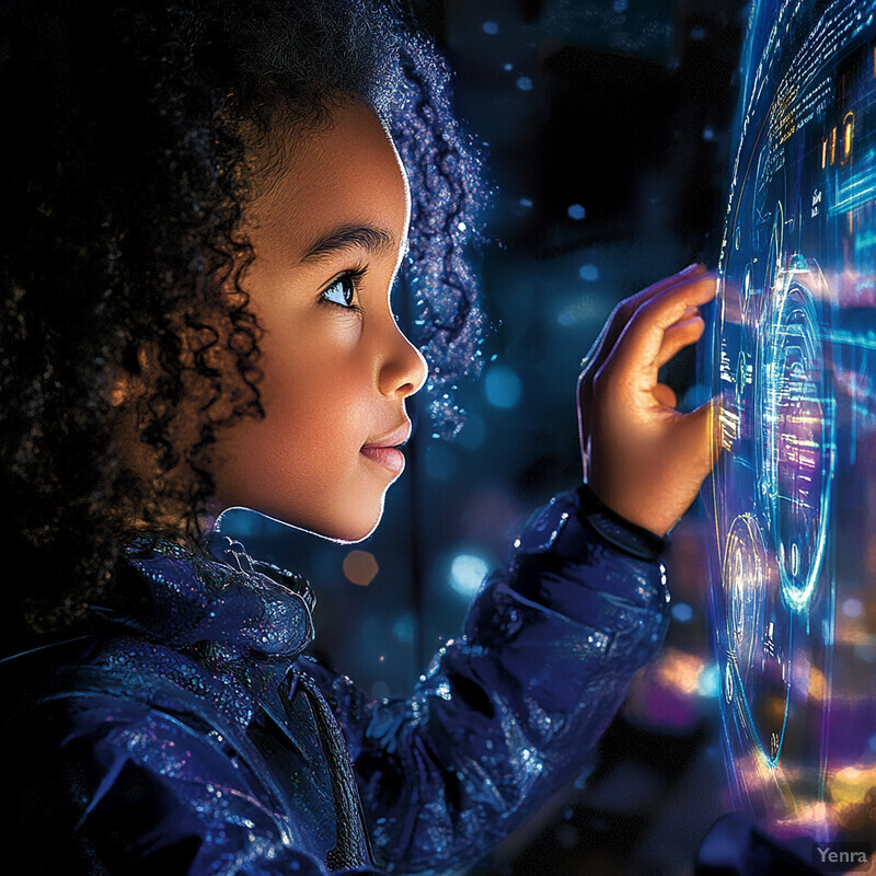 A young girl with curly hair and dark skin gazes at a holographic screen displaying various images and symbols.