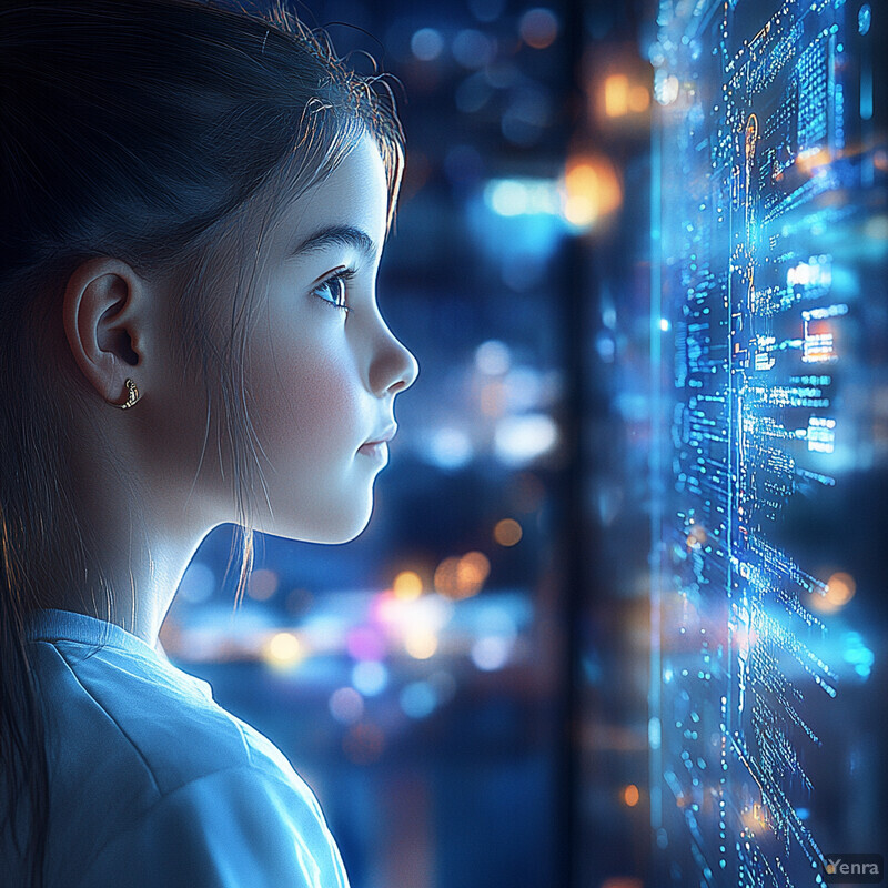 A young girl gazes at a screen displaying a cityscape