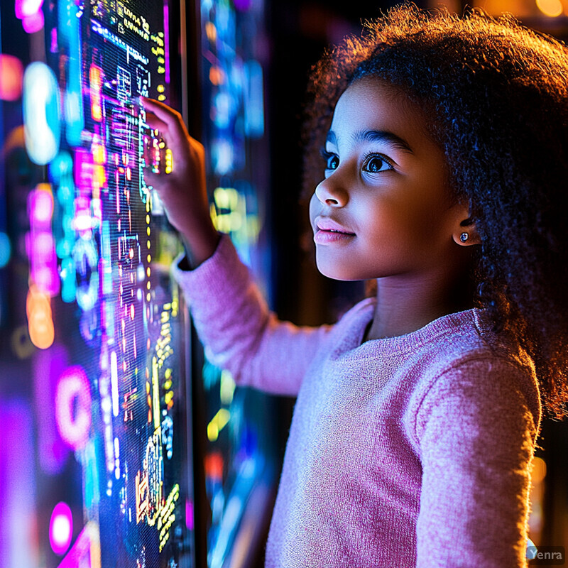 A young girl explores an interactive screen or wall in front of her.