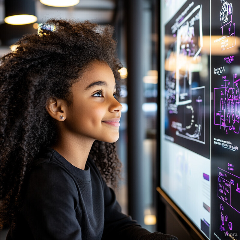 A young girl with dark skin and curly hair stands in front of a large screen displaying diagrams and charts.