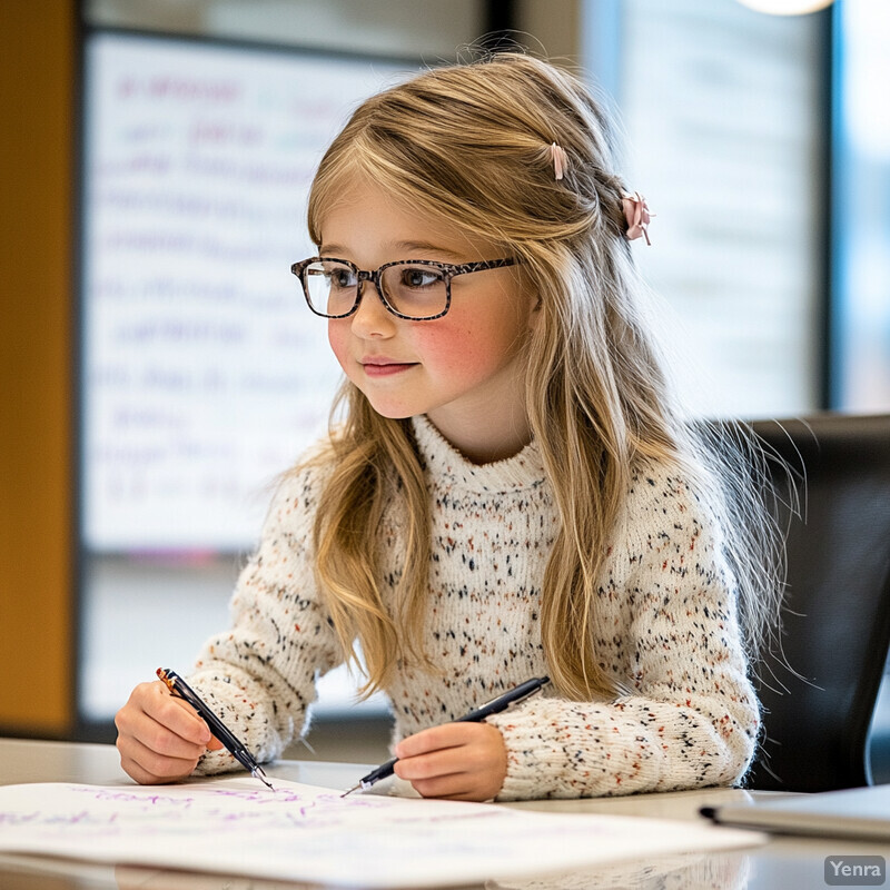 A young girl with blonde hair and glasses sits at a table, writing or drawing on paper.