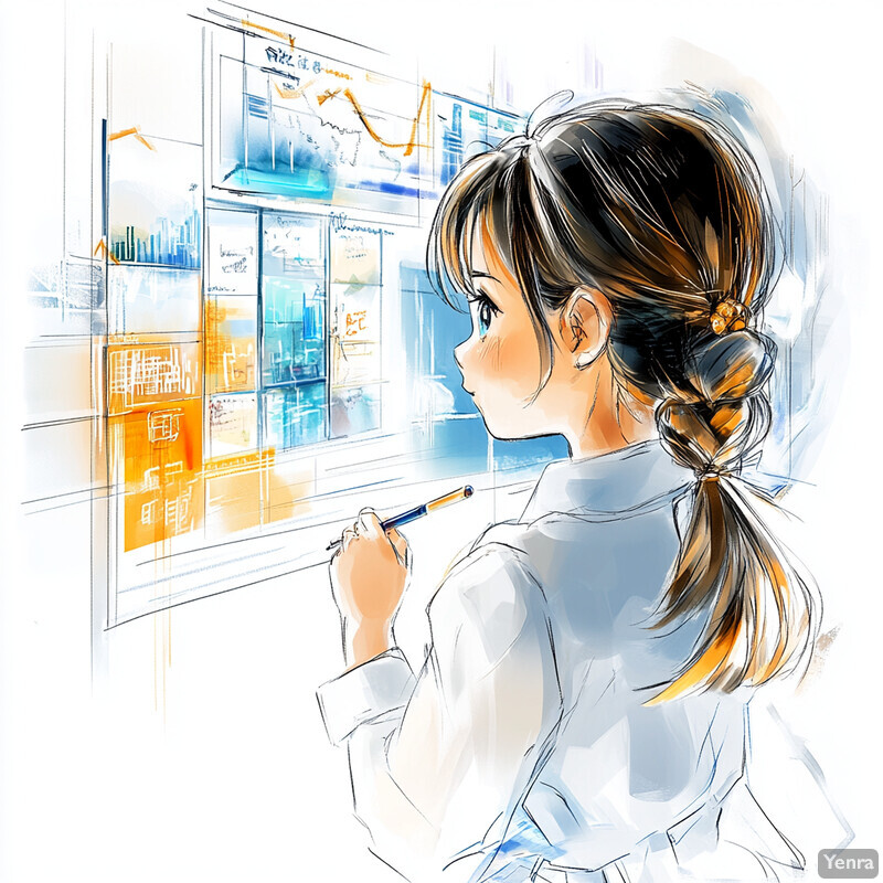 Anime-style illustration of a young girl analyzing data on a large screen.