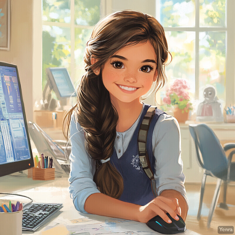 A young girl sits at an office desk, engaged in computer activities.