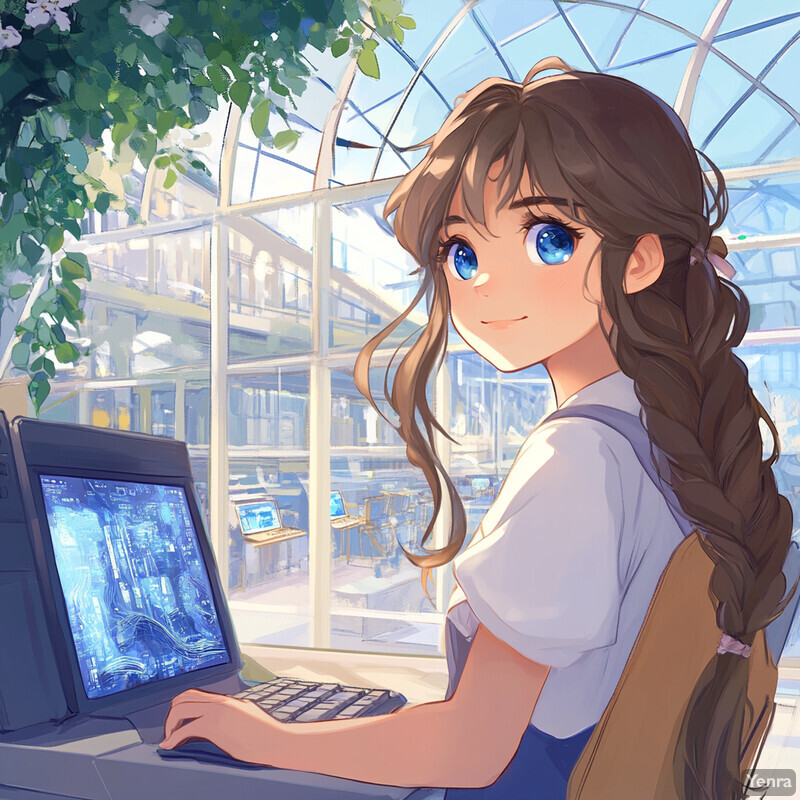 A young woman sits at a desk in front of a computer monitor with a blue screen, surrounded by books and natural light.