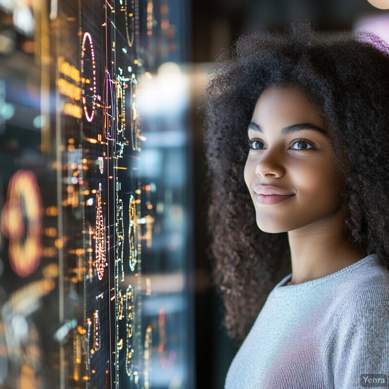 A young woman intently examines a vertical display featuring graphs and charts in what appears to be an office environment.