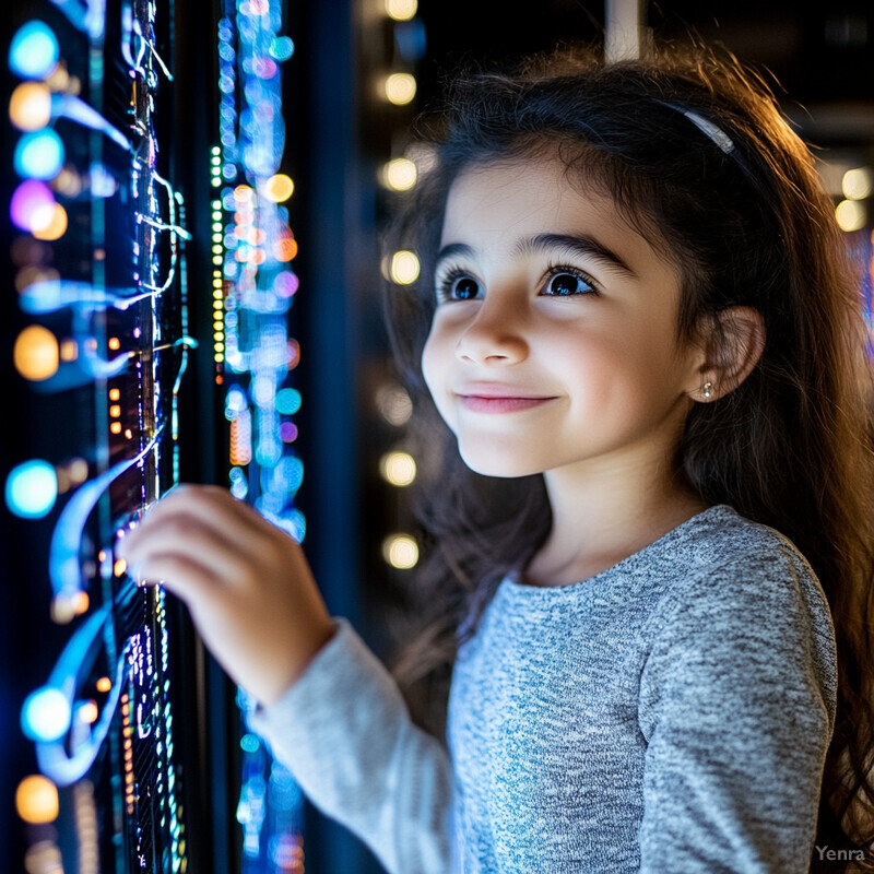 A young girl stands in front of a wall of multicolored lights, exuding a sense of calmness and serenity.