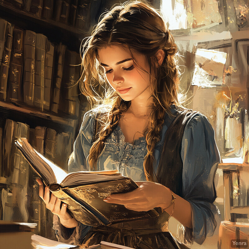 A young woman sits at a desk surrounded by books, deeply engrossed in reading or writing.