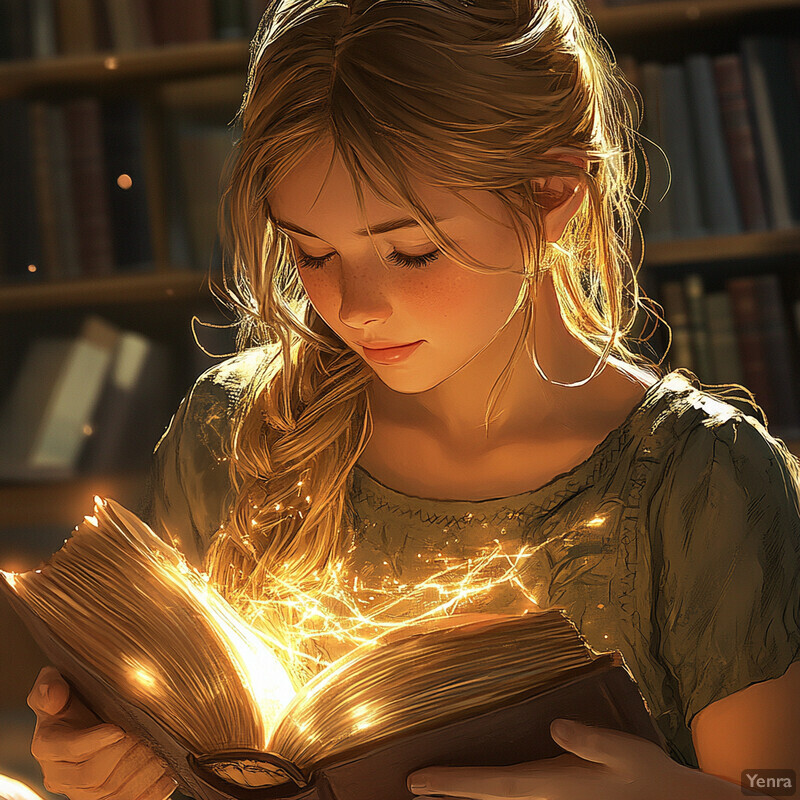 A young girl intently reads an open book with glowing pages in a dimly lit room.