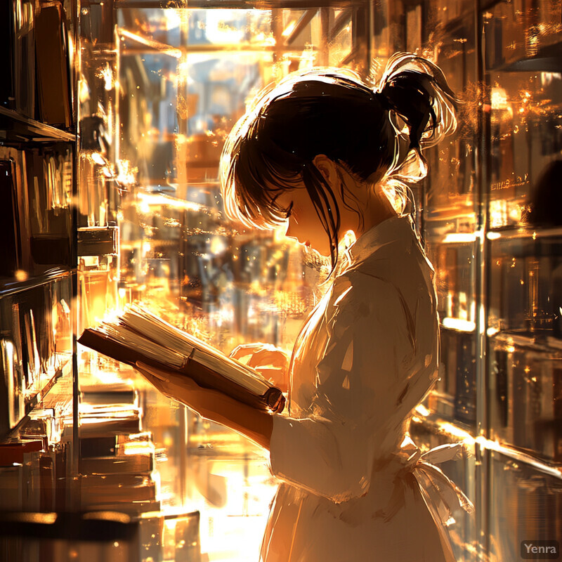 A woman stands in front of a bookshelf, engrossed in reading a book.