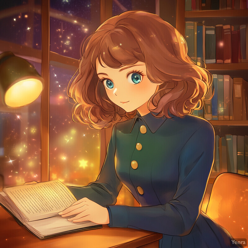 Anime-style illustration of a young woman reading at a desk