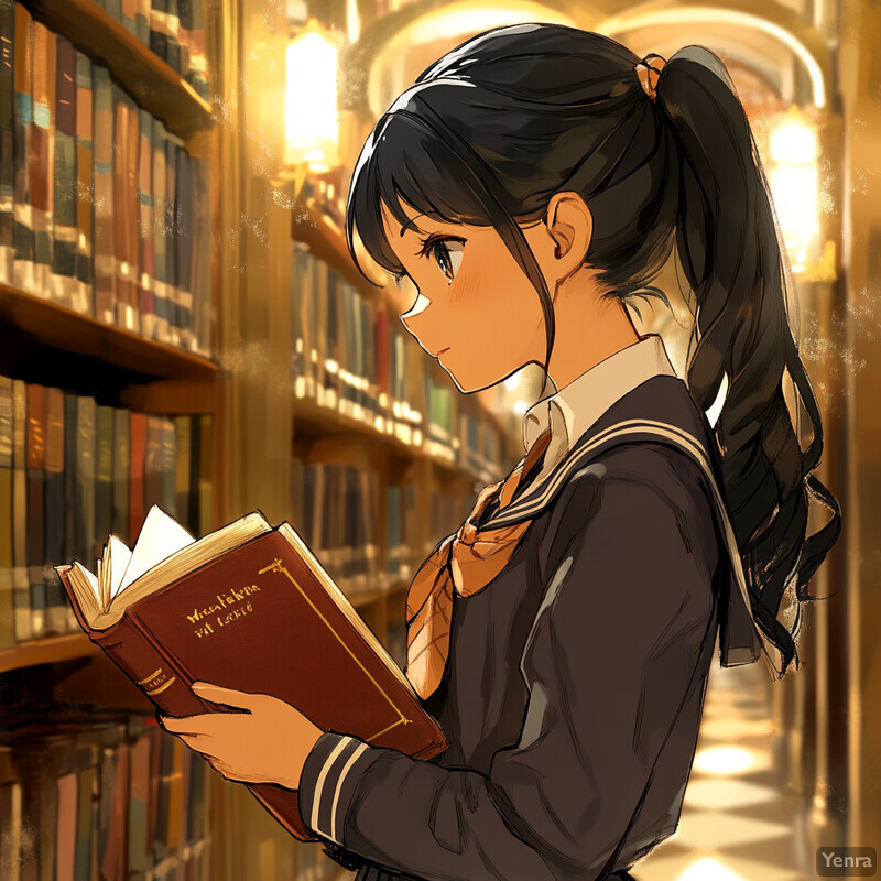 Anime-style girl in sailor uniform holding book in library