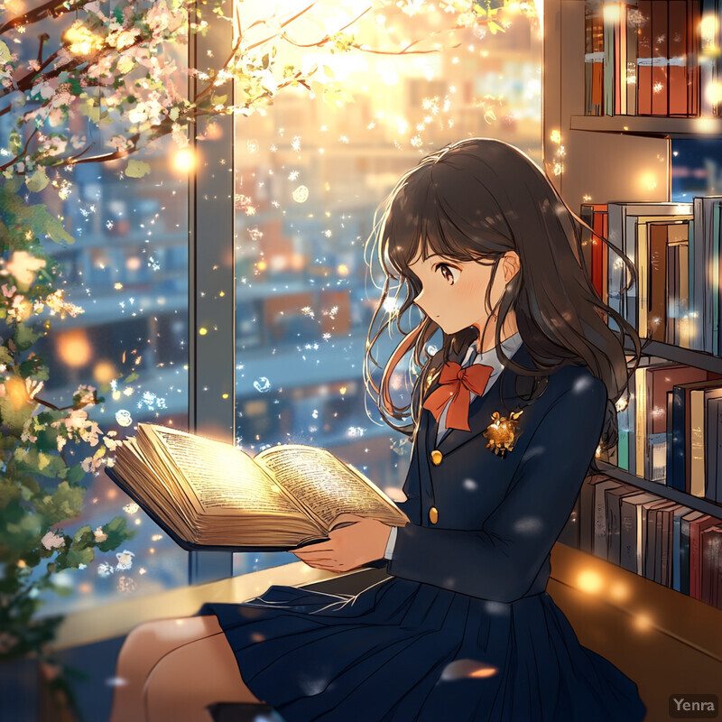 A young girl sits on a bench in front of a window surrounded by greenery and flowers, lost in thought as she looks out at the blurred cityscape beyond.