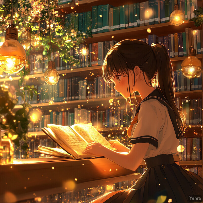 A young girl engrossed in reading within a library, surrounded by books and natural elements.