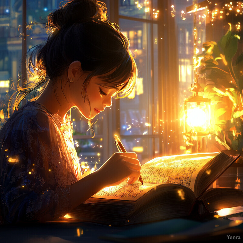 A young girl reads a book in a dimly lit room with intricate carvings and paintings on the walls.