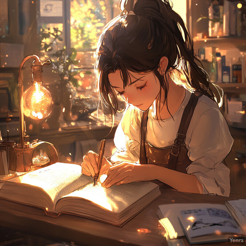 A young girl sits at a desk, writing in a book with a pen, surrounded by soft lighting and a peaceful atmosphere.