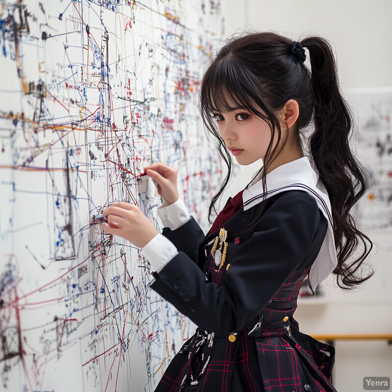 A young woman with long dark hair stands in front of a large whiteboard covered in mathematical equations and diagrams.