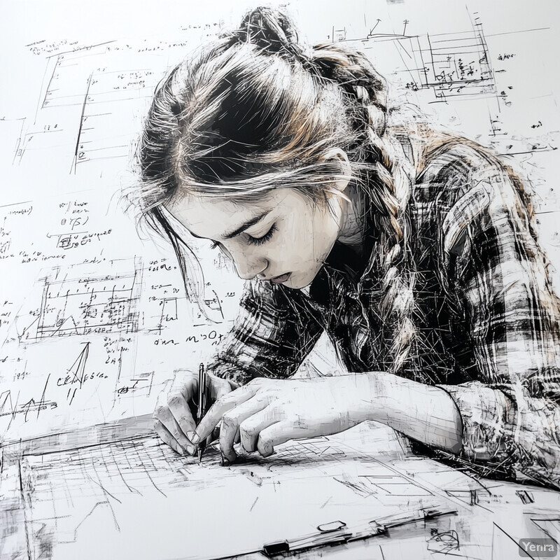 A young girl sits at a desk, engrossed in writing or drawing on paper.