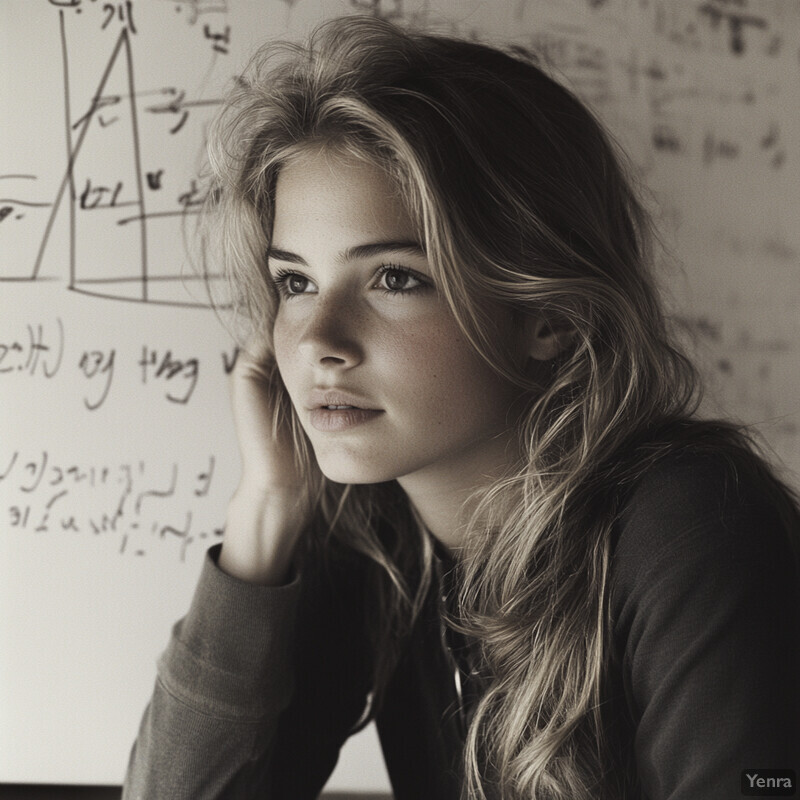 A young woman with long hair is deeply focused on solving mathematical equations in front of a whiteboard.