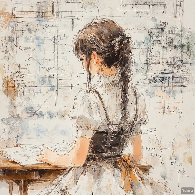 A young girl sits at a desk, focused on her work with an open book in front of her.