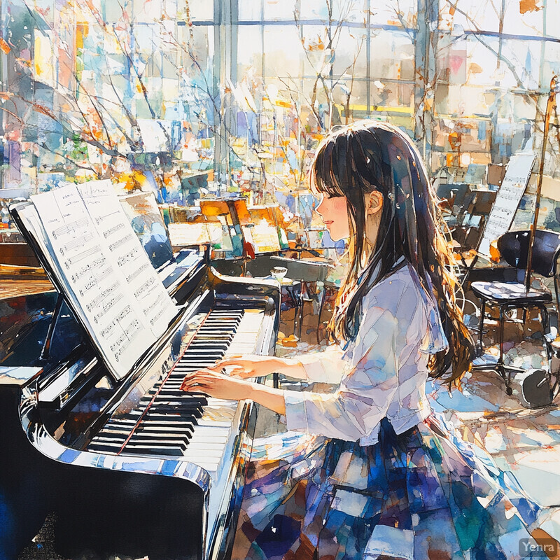 A young girl plays a grand piano in front of a window, surrounded by music sheets and chairs.