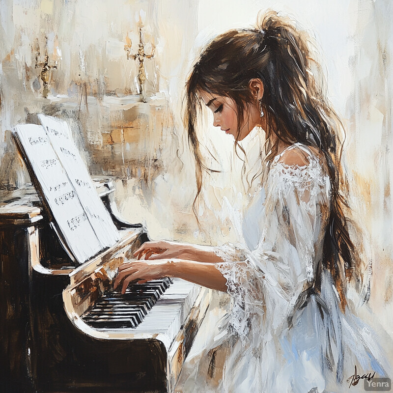 A young girl plays piano skillfully in a serene setting