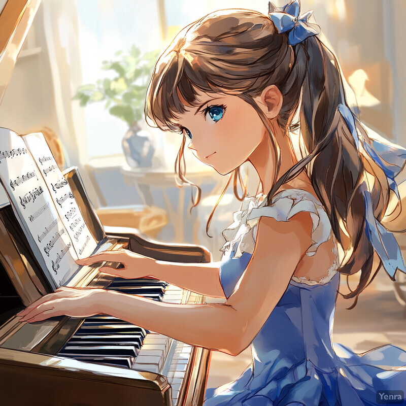 A young girl sitting at an upright piano, ready to play.