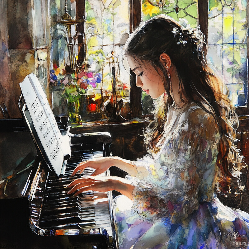 A young girl plays the piano in front of a window with a floral patterned curtain