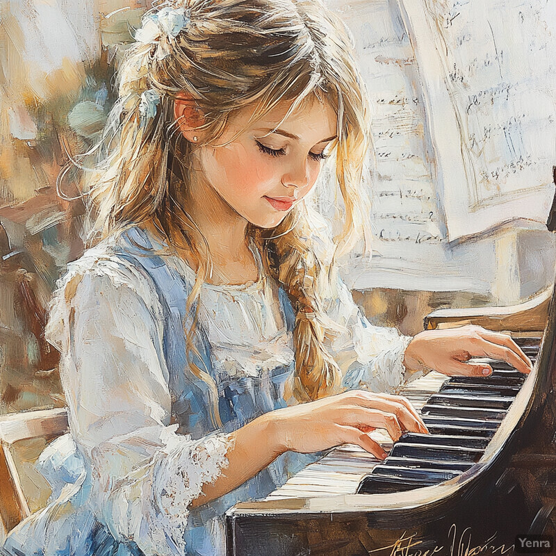 A young girl plays the piano in a serene setting.