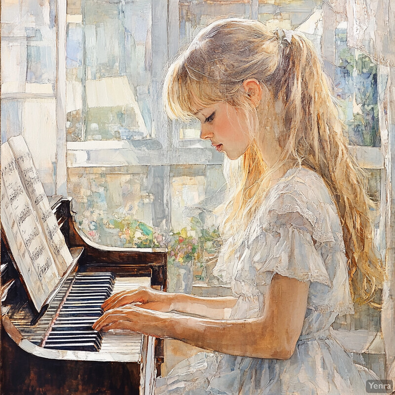 A young girl playing the piano in front of a window.