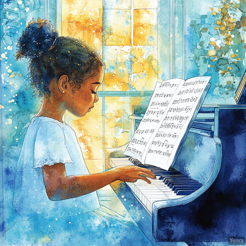 A young girl plays an upright piano in a well-lit room with natural light pouring in through the window behind it.