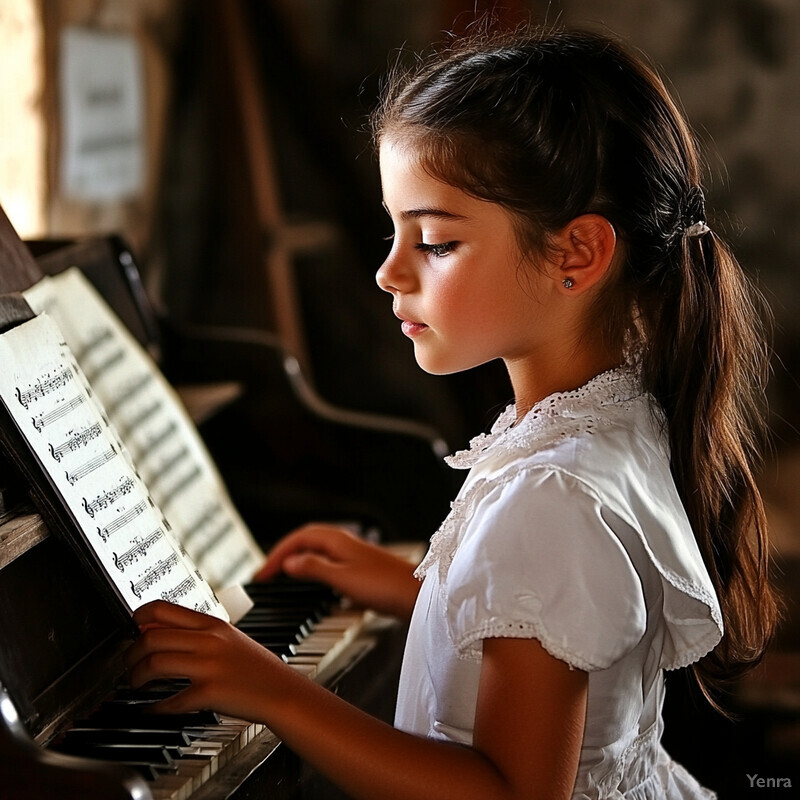 A young girl playing an old piano