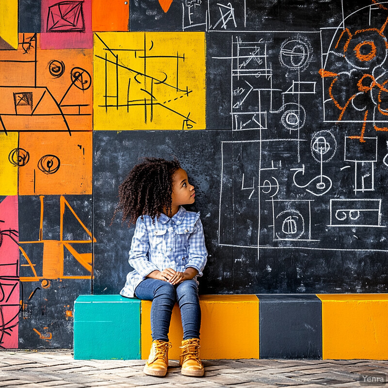 A young girl sits in front of a colorful chalkboard wall filled with geometric shapes and numbers.