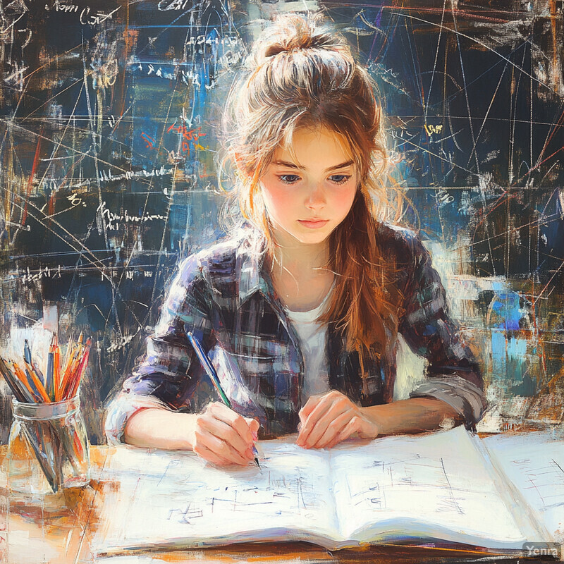 A young girl intently works on her math homework at a desk