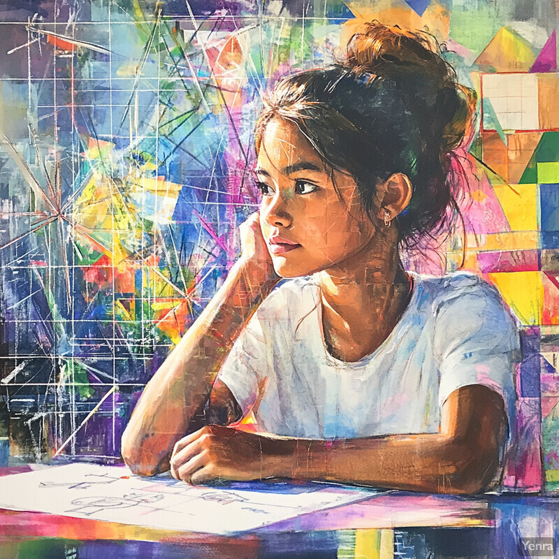 A young girl sits at a desk, focused on her work with a few scribbles visible in front of her.